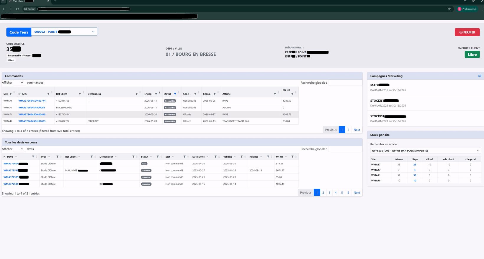 Vue client web connectée à Sage X3 : commandes, devis, stock par site (données de démonstration)